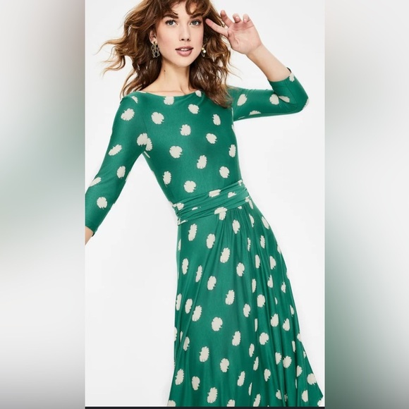 Boden Green Long Sleeve DressWhite Dots  Maisie Jersey midi forest carnation bud - Picture 2 of 11